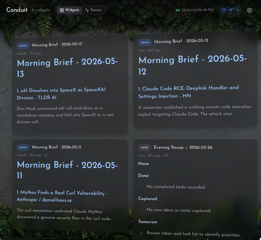 Conduit dashboard - widgets and tasks