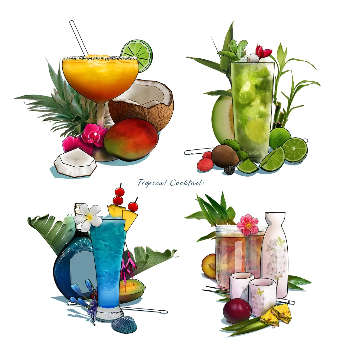 Tropical cocktail illustrations